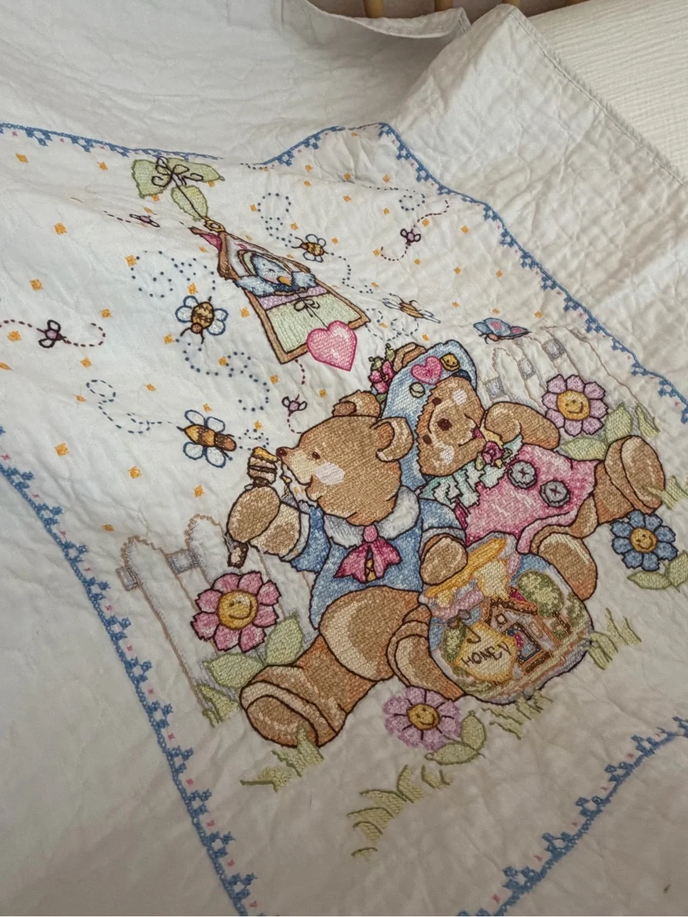 Children's White Quilted Bedding with Pastel Bear Embroidery